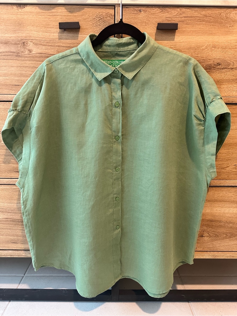 United Colors of Benetton Green Button-Front 100% Pure Linen Shirt Size L